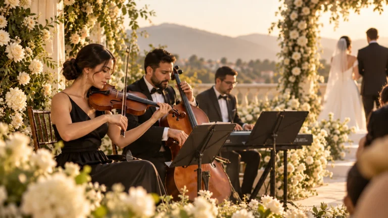 Trio com violino, violoncelo e teclado tocando em cerimônia de casamento ao ar livre, com arco de flores brancas