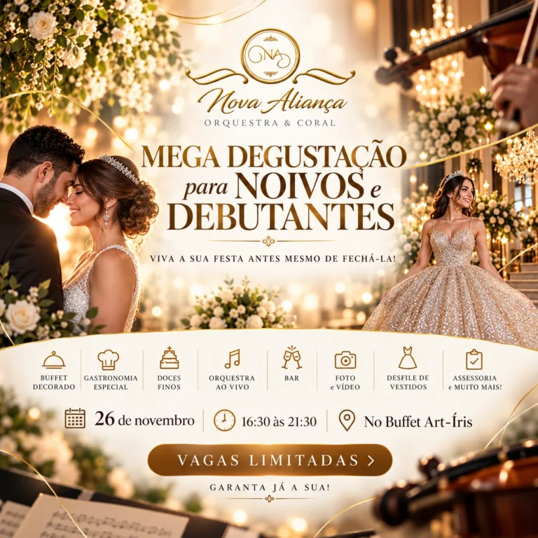 Mega Degustação para Noivos e Debutantes com a Nova Aliança Orquestra: 26 de novembro, das 16h30 às 21h30, no Buffet Art-Íris. Vagas limitadas.