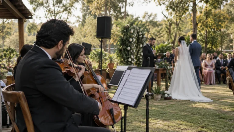 Músicos com violino e violoncelo tocando em cerimônia de casamento ao ar livre, com os noivos no altar e convidados no jardim