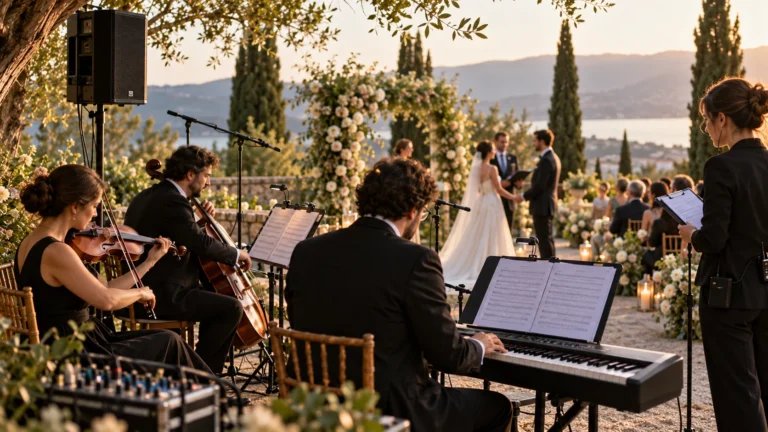 Trio com violino, violoncelo e teclado tocando ao vivo em cerimônia de casamento ao ar livre, com estrutura de som e cerimonialista acompanhando